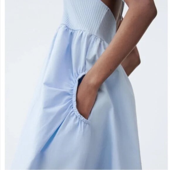 Zara Halter Ribbed Poplin Mini Dress NWT Baby Blue Size Medium - Picture 3 of 9